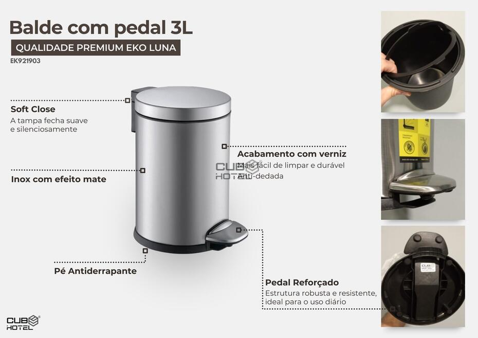 Cubo con Pedal 3L Acero Inoxidable Mate EKO LUNA